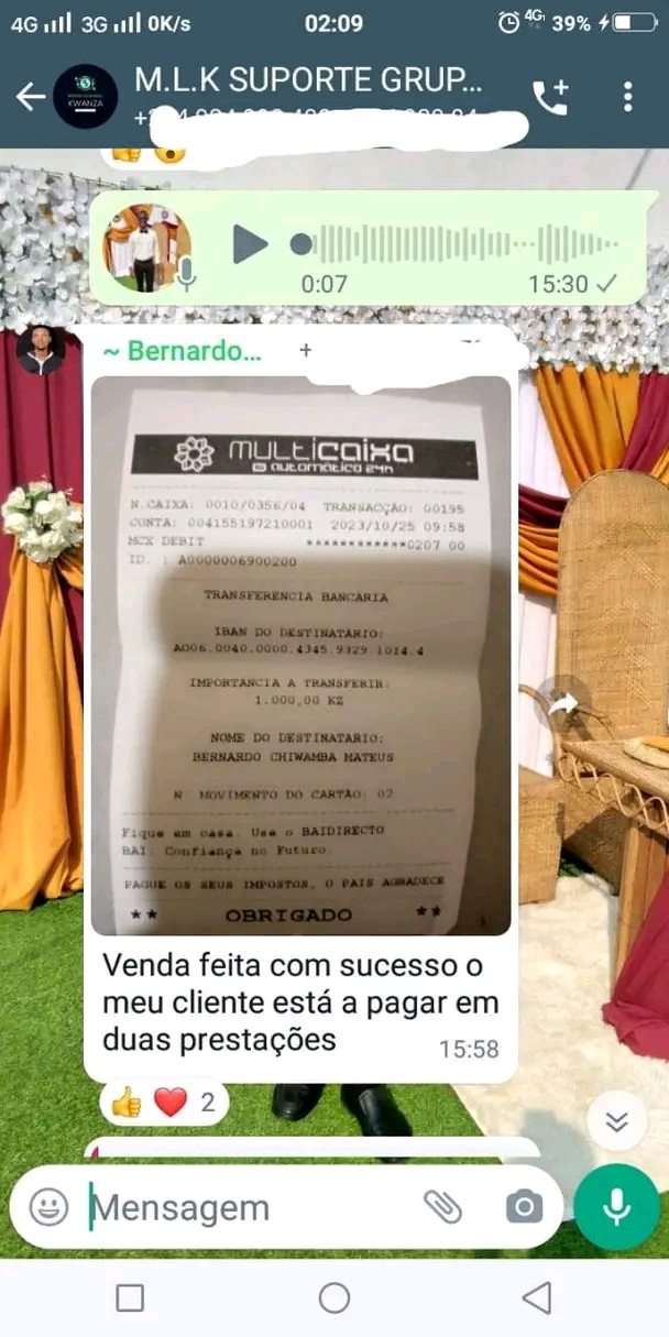 Comprovativo de transferência bancária de venda de aluno
